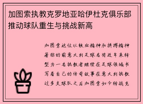 加图索执教克罗地亚哈伊杜克俱乐部推动球队重生与挑战新高